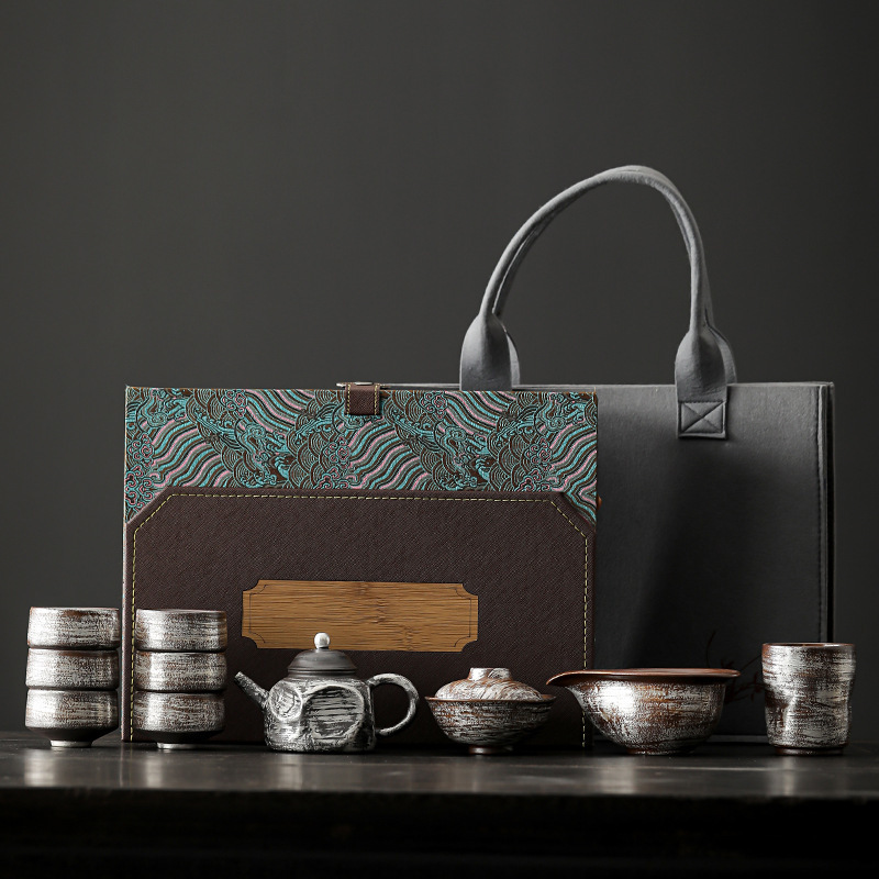 Light Luxury Silver-plated Coarse Pottery Kung Fu Tea Set suit Household Tail Pot Ceramic Teapot Cover Bowl for Tea High-end Gift Box