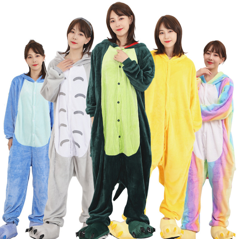 Cartoon Dinosaur Animal Sleepwear Female Spring and Autumn Totoro Adult Cute Couple Cow Male Coral Fleece Pikachu