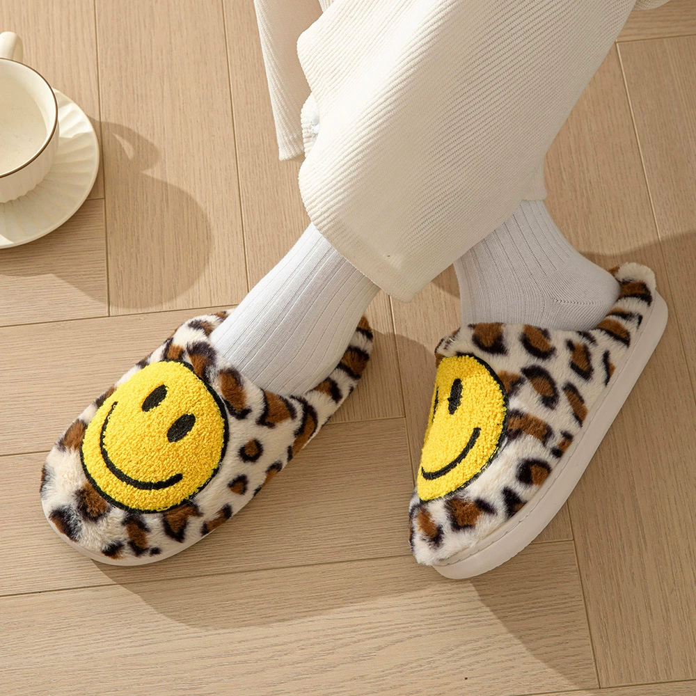 Keep-warm non-slip platform slippers, leopard & smiley designs, sizes EU 36–45