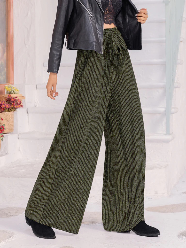 Women's Casual Trousers In Military Green, Relaxed Fit Pull-On Pants With Stylish Asymmetrical Detail_ecoleips.com