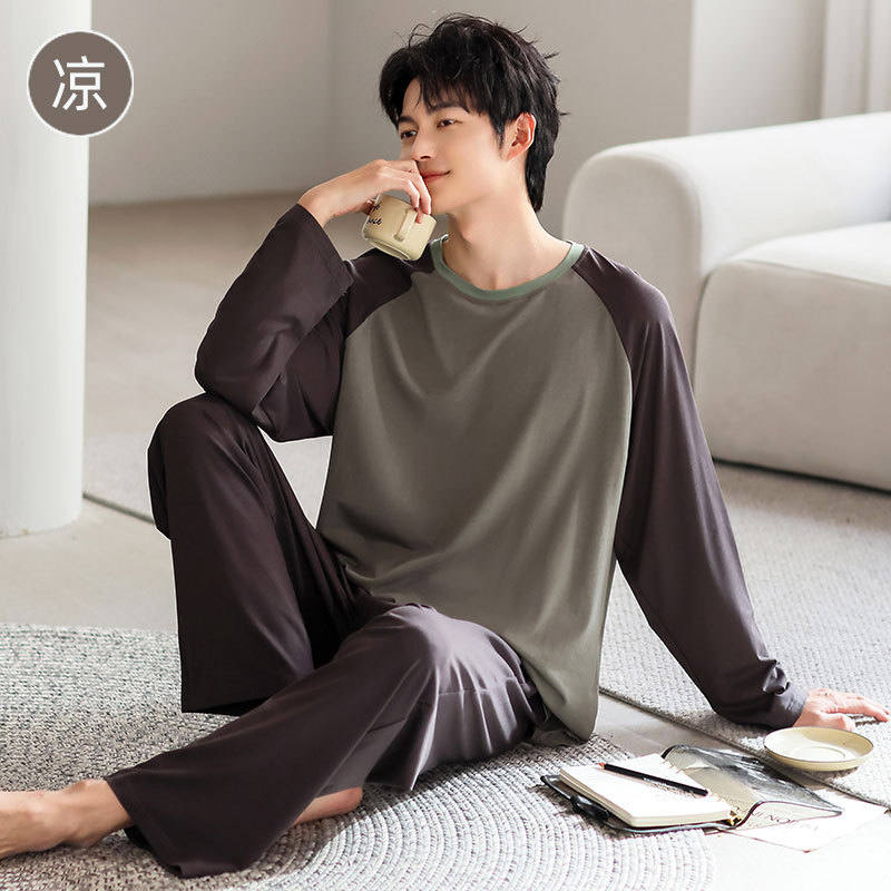 남성용 여름 잠옷, 긴팔 긴바지, 풀오버, 시원한 느낌, 심플, 외출복으로도 착용 가능, 도매 홈웨어, 봄가을 캐주얼 세트
