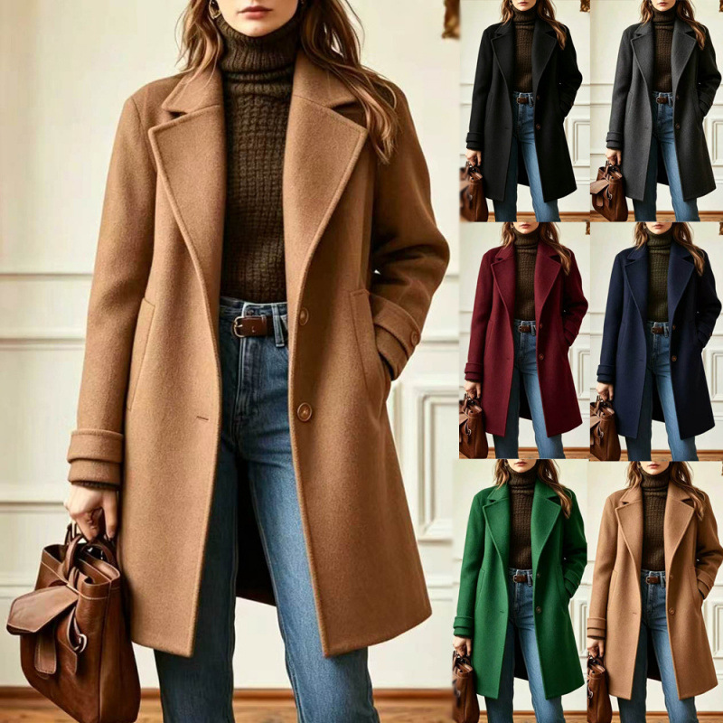 2026 Amazon Autumn and Winter New Cross-Border Retro Casual Style Mid-Length Lapel Coat Women's Woolen Coat