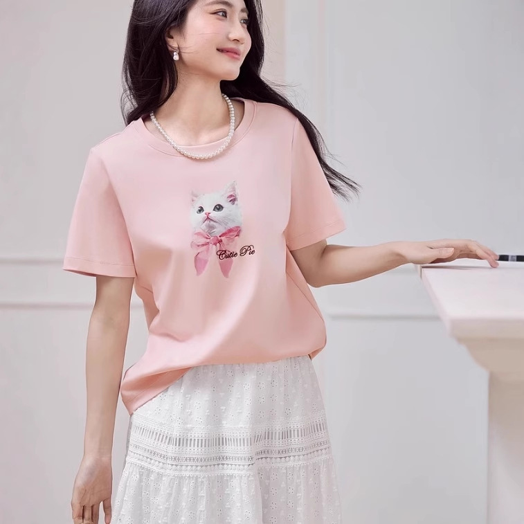 Pink cotton hand-painted cat print short sleeve cute girl T-shirt 2025 spring new T-shirt 1G2900971