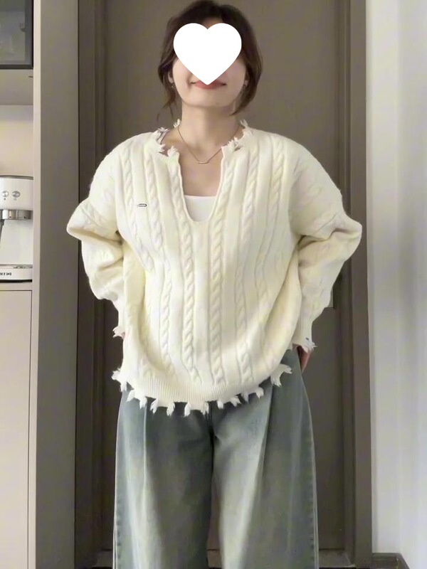 韩系chic设计感麻花套头针织毛衣女秋冬宽松慵懒风高级感U领上衣|undefined