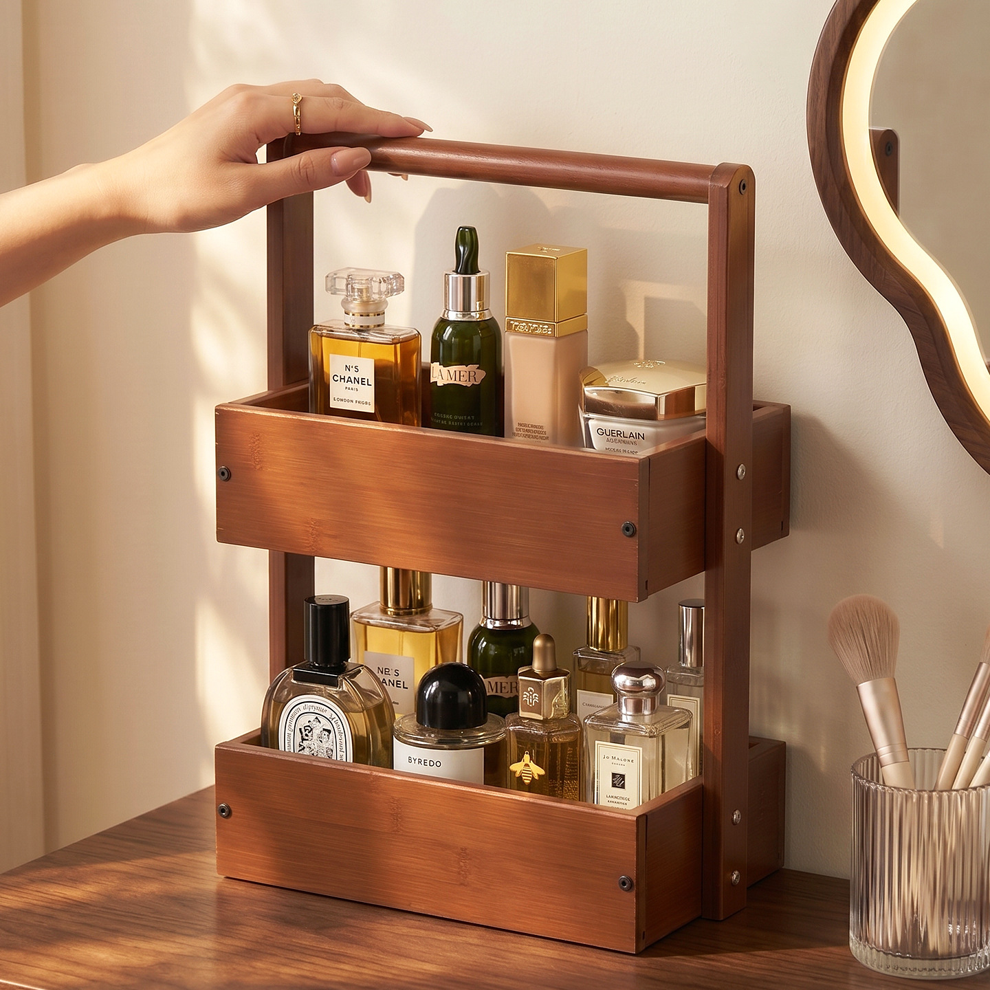 Cosmetics Storage Box, Dressing Table, Lipstick, Jewelry, Desktop, High-End Perfume Display Rack, Solid Wood Skin Care Product Storage Rack