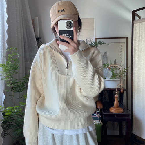 KANING V-Neck Half-Zip Cable Knit Sweater for Women 2025 Autumn Korean Relaxed Style Hooded Sweatshirt for Women