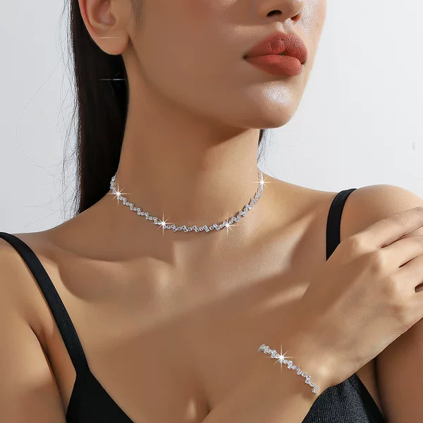 Cross-border Hot-sale Claw Chain Naked Diamond Zircon Necklace Earrings Bracelet suit Three-piece Set Clavicle Chain Dinner Dress Accessories