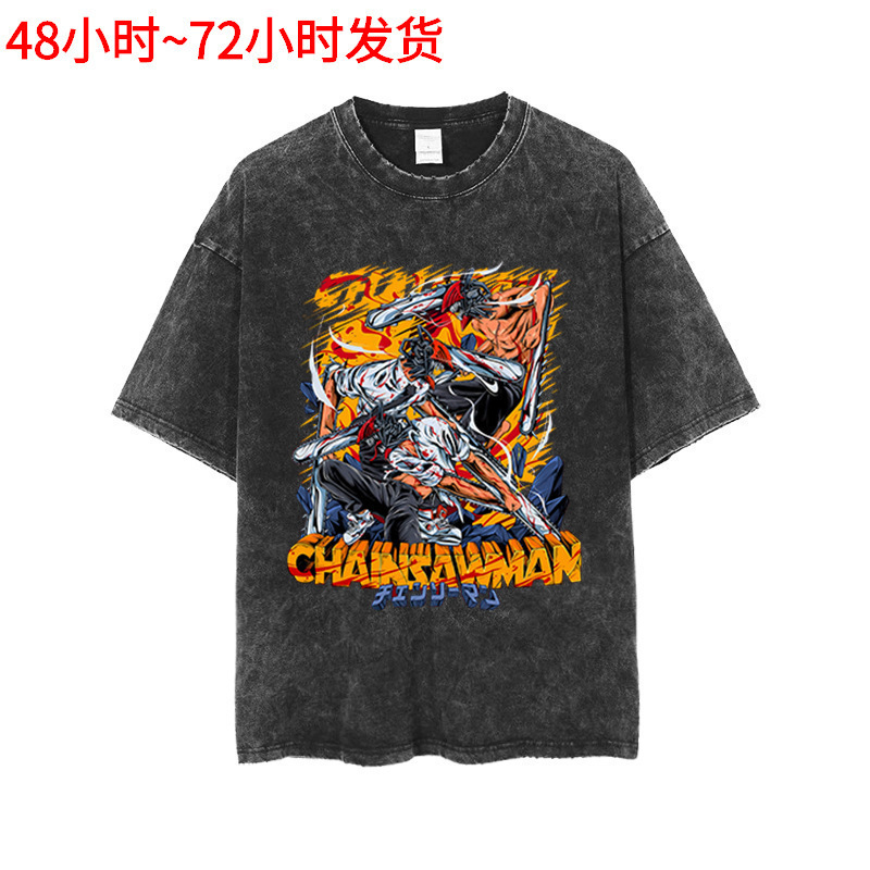 Men's T-Shirt Chainsaw Shirt Unisex T-Shirt Pochita Washed Anime Short Sleeve Loose Cotton Old Manga Chainsaw
