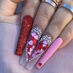 Wearing artificial nail stickers with long ballerina nails, heart-shaped and sparkling embellishments, suitable for mature style, wholesale finished nail products, new design.