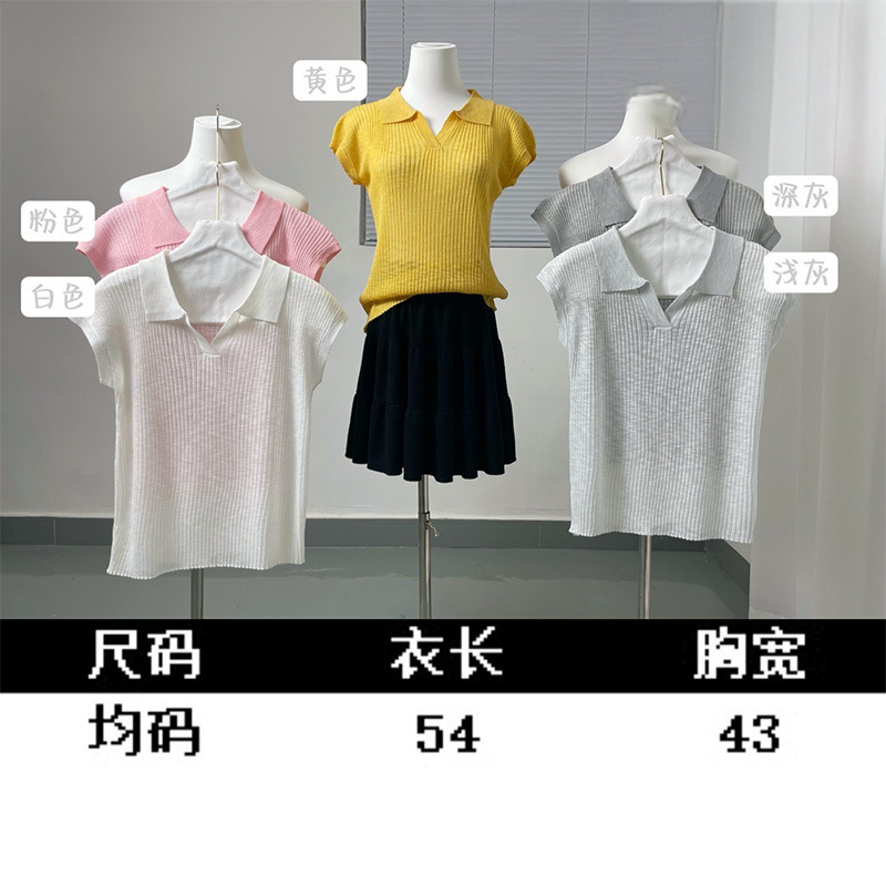 韓国風シンプルラペルスモールフライングスリーブTシャツレディース2025夏新作スリムフィット万能セータートップ|undefined