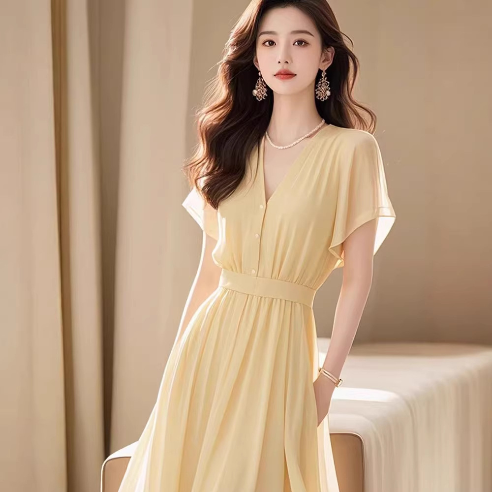 Đầm maxi nữ thắt eo chất liệu voan vàng nhạt phong cách Pháp — Vàng nhạt chi tiết 1