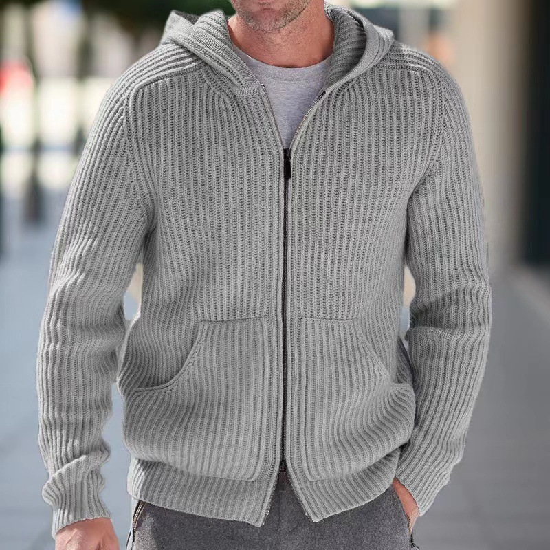 Casual Pullover Männer Jacken Stricken Langarm Zip-up Pullover Strickjacken für Herren Herbst Freizeit Reine Farbe Gestrickte Kapuzenmantel_voghion.com