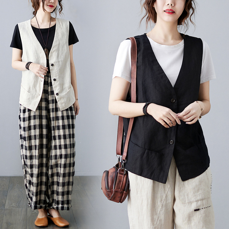Real Shot of Spot Literary Retro Solid Color Vest Summer New Women's Loose Design Outer Vest