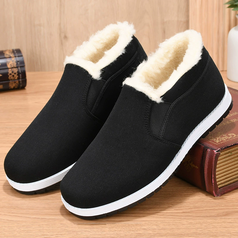 Классическая черная старая Пекинская Тканевая обувь, мужская и женская одинаковая зимняя Толстая старая обувь на флисовой подкладке, ленивая рабочая обувь без шнуровки