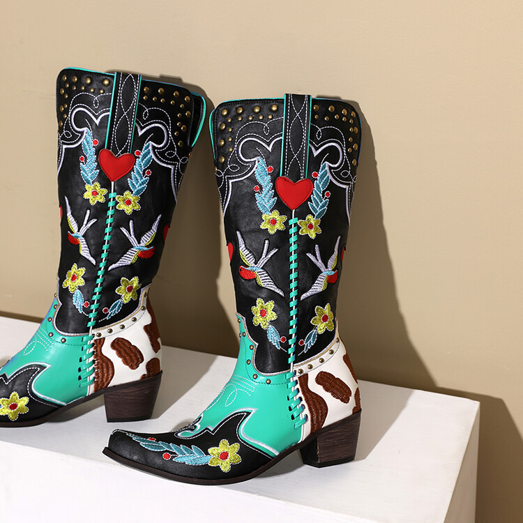 denim retro high boots with studs