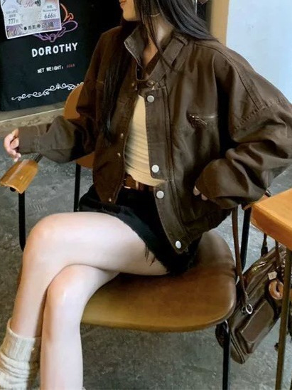 港风美式复古脏脏工装咖色短外套女休闲宽松甜酷夹克牛仔上衣潮|undefined