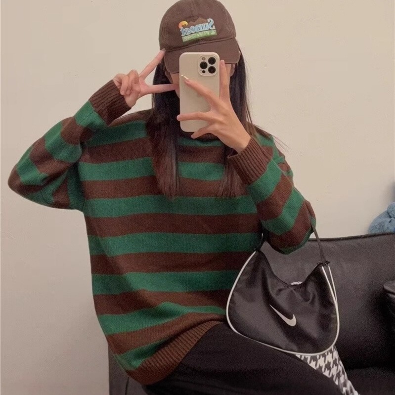 Cross-border spring and autumn new women's American-style color-block retro striped loose round-neck knit sweater, available for dropshipping