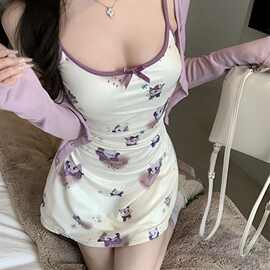 纯欲风可爱猫咪印花紫色睡裙带胸垫修身显瘦纯欲辣妹情趣睡衣2520
