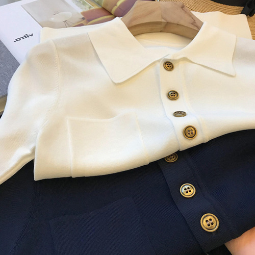 Exceptionally slimming! Highly recommended! Stylish and versatile~ Silk-like French polo neck knit short-sleeved T-shirt for women