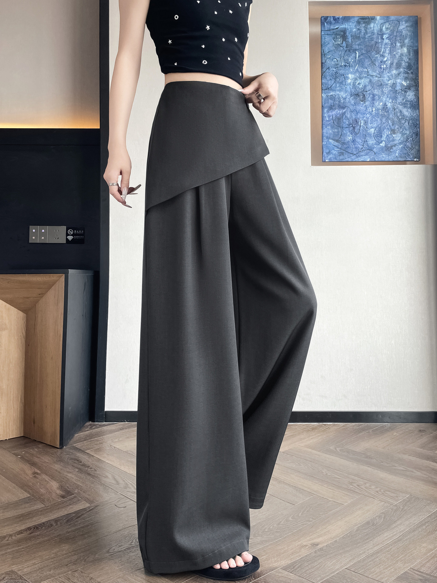 Quần culottes nữ ống rộng phối mảnh giả hai dây, cạp cao tạo dáng thon gọn — Xám kéo dài