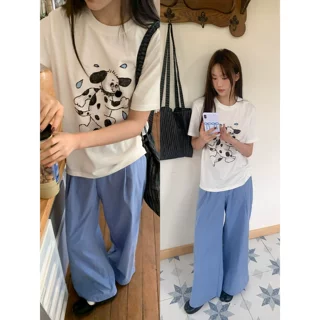 原创趣味狗狗印花宽松短袖t恤女夏季新款插肩袖纯棉上衣