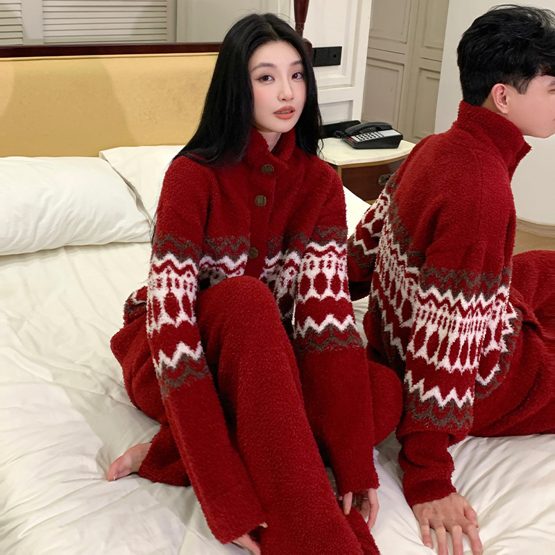 2025新款半边绒情侣睡衣女圣诞款费尔岛红色提花加厚保暖家居服男|undefined