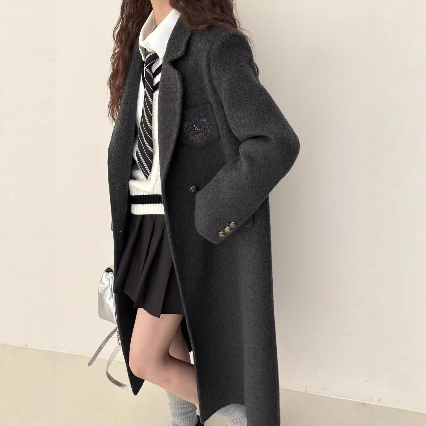 한국 스타일 대학풍 양면 울 코트 여성용 가을 겨울 신상 고급스러운 JK 스타일 정장 칼라 롱 울 코트 여성용