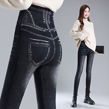仿牛仔铅笔裤女高腰大码秋冬新款外穿显瘦百搭松紧腰紧身打底裤子
