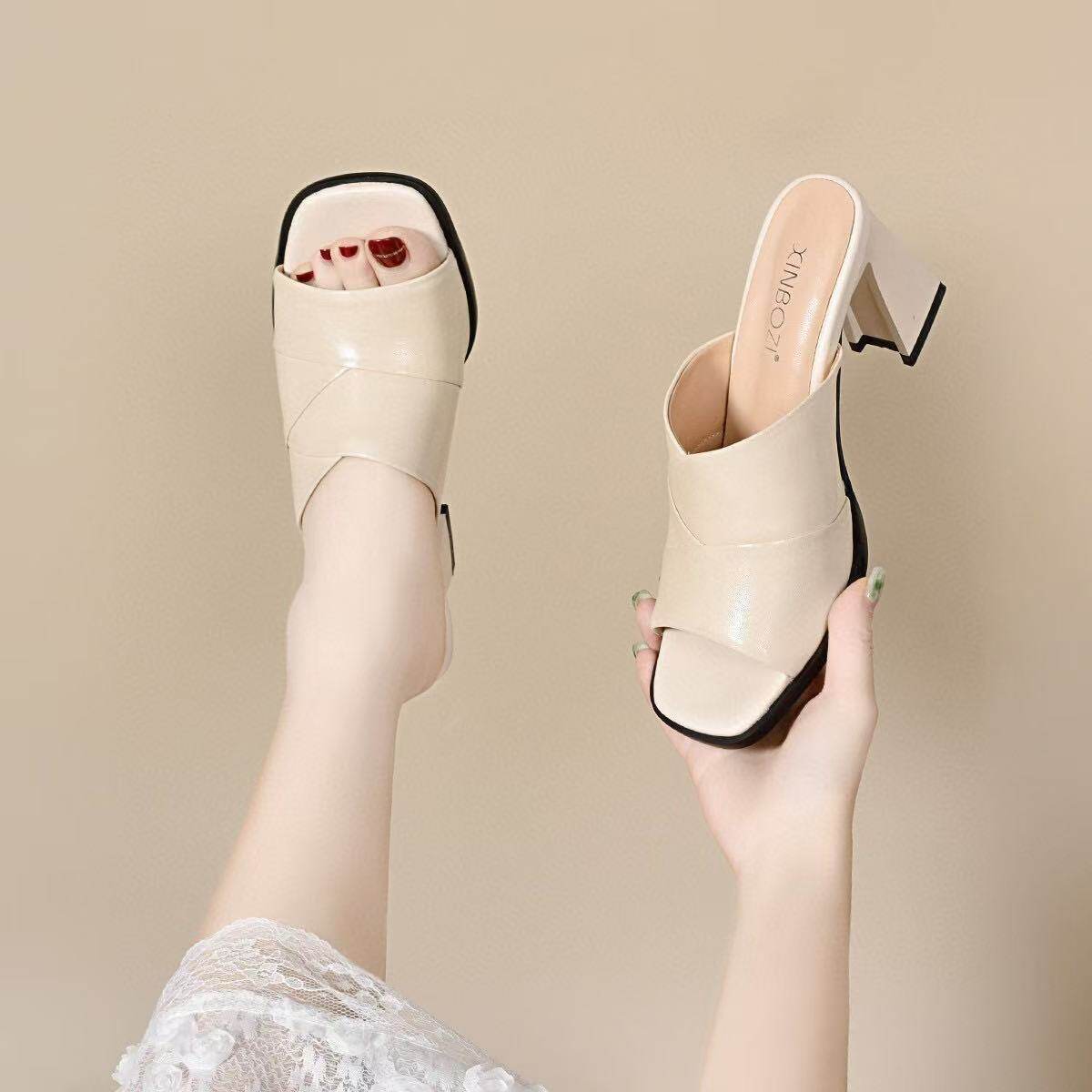 Sandal da thật hở mũi cao gót nữ đế mềm phong cách thời trang — màu đen