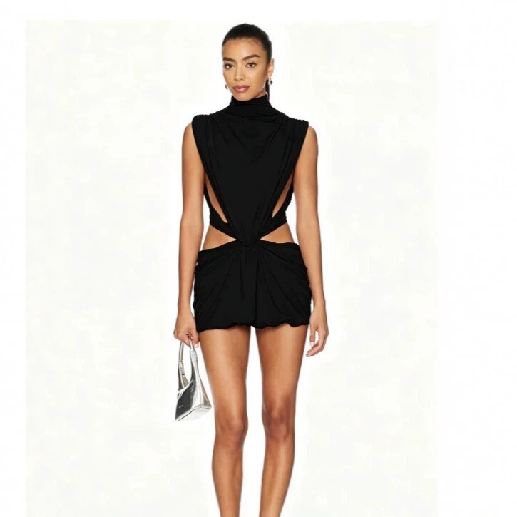 Cross-border spicy girl style high-neck sleeveless short dress with side cutouts, twisted waist, backless design, and pleated, figure-hugging fit Cross-border spicy girl style high-neck sleeveless short dress with side cutouts, twisted waist, backless design, and pleated, figure-hugging fit