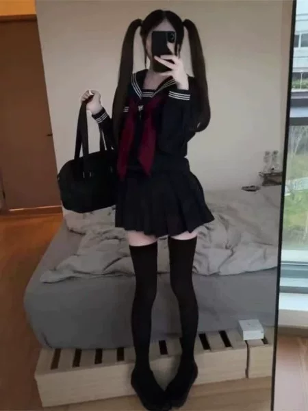 Japanese-Style Navy Blue Three-Piece Jk Uniform Dark Gothic Sailor Suit Academy Style Black Jk Navy Style Embroidered Pure Desire Outfit
