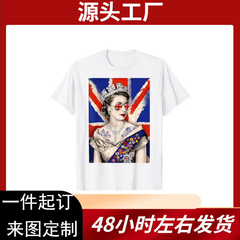 T-shirt Summer Cotton Short-sleeved Loose Queen Elizabeth II Round neck T-shirt Top Round neck