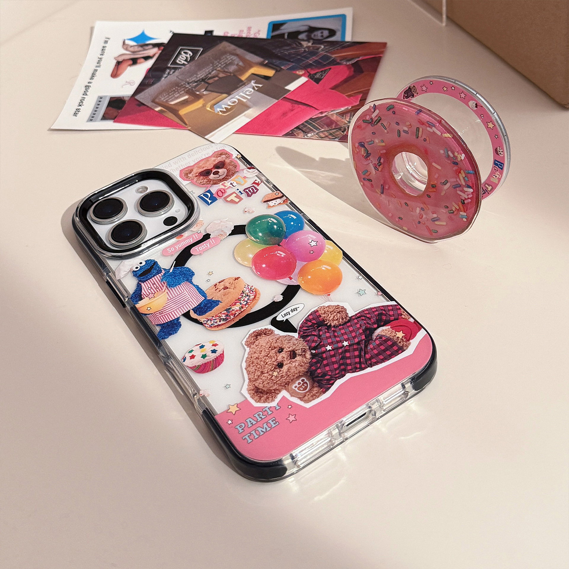 Funda magnética transparente para iPhone 17, estilo Donut Stand 16 Pro Max, adecuada para niños, diseño de oso infantil, funda suave para iPhone 13/14