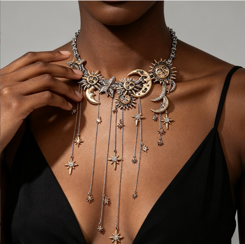 European and American retro exaggerated sun, moon, and star pendant tassel necklace, high-end clavicle chain, vintage jewelry European and American retro exaggerated sun, moon, and star pendant tassel necklace, high-end clavicle chain, vintage jewelry