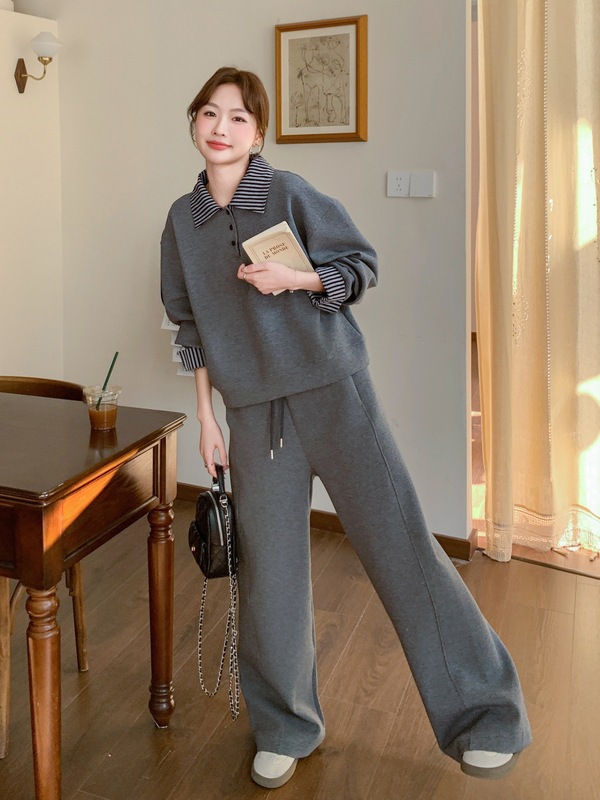 灰色运动休闲条纹拼接卫衣套装女2025秋季新款设计感阔腿裤两件套|undefined