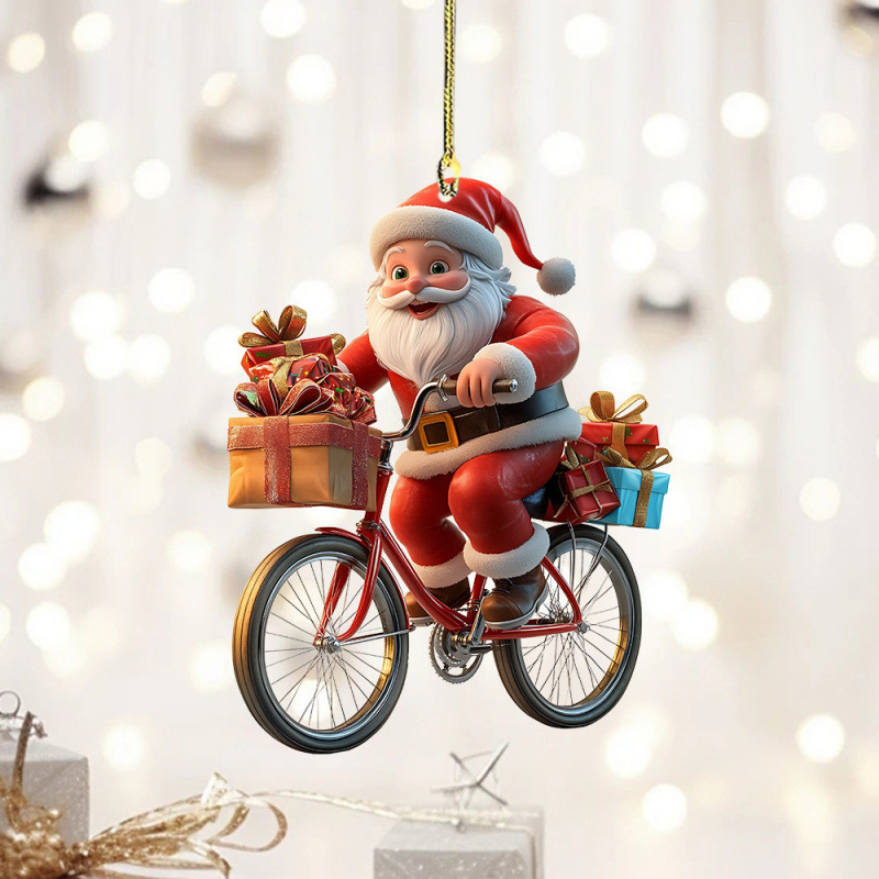 Cross-border new Christmas car interior acrylic Santa Claus riding a bicycle ornament, keychain, and backpack accessory Cross-border new Christmas car interior acrylic Santa Claus riding a bicycle ornament, keychain, and backpack accessory