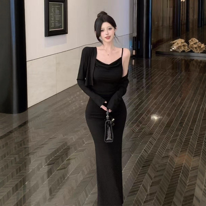 紫色纯欲修身显瘦包臀裙女秋季减龄时尚吊带连衣裙气质开衫两件套|undefined