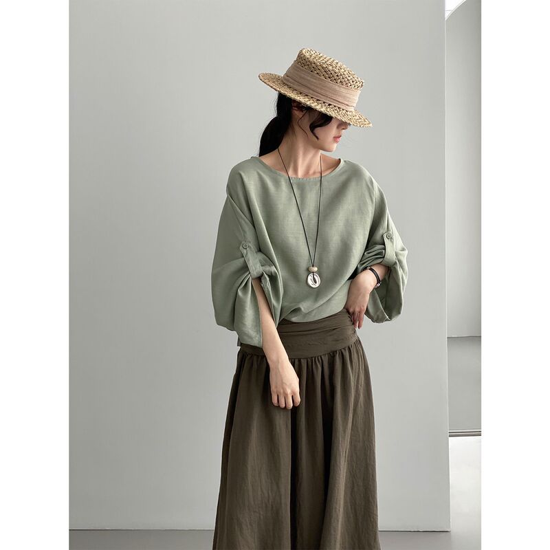 So, What Is Design Aesthetics? Tencel Linen Design-Inspired Zen Shirt for Women, Waist-Cinching Loose Batwing Sleeve Top 6215