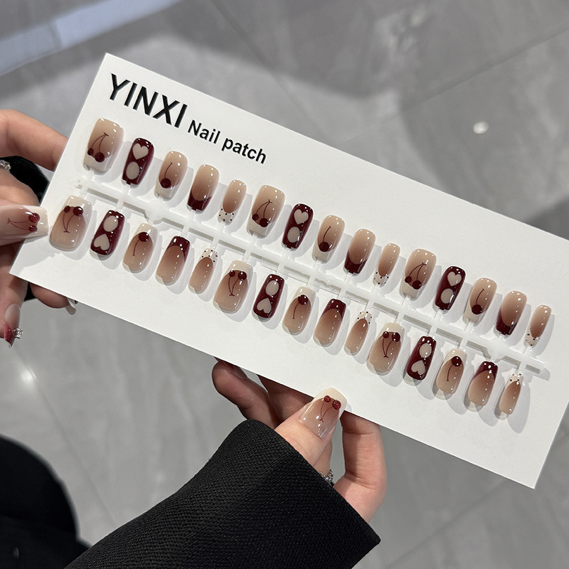 Pre-Made Nails with a Slightly Tipsy Cherry Hollow Heart Design, Wearable French-Style Polka Dot Autumn and Winter Pure Desire New Fake Nails