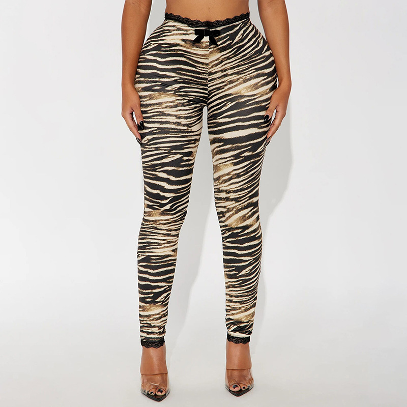 J25Pt367 European and American Cross-Border Autum New Women's Casual Versatile Printed Lace Leggings Pants