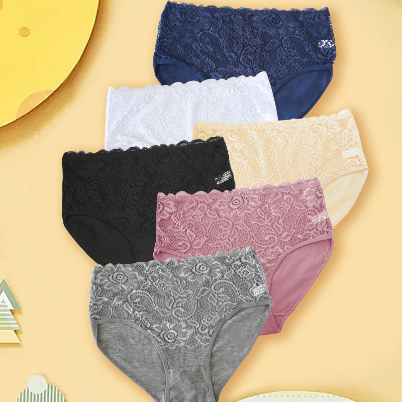 外贸供应蕾丝印花中腰舒适棉裆纯色透气女士三角裤Plush panties|undefined