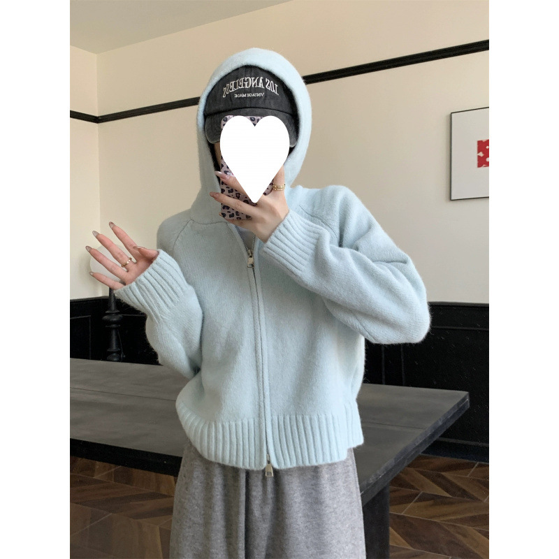 Coreana doble cremallera con capuz de punto Cardigan de mujer otoño invierno exterior diseño sensación perezosa suave abrigo de suéter de aire