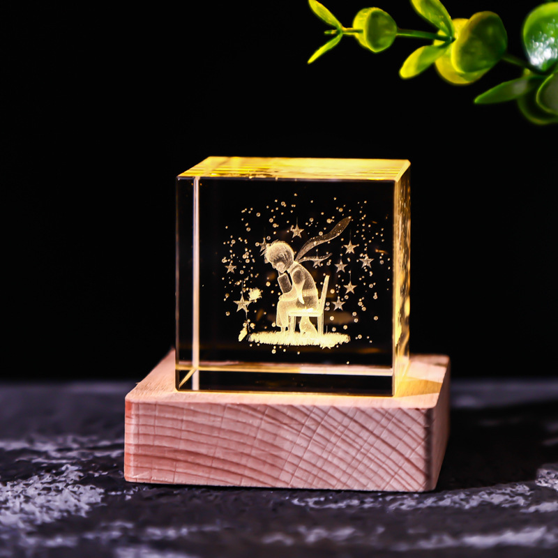 Cubo de cristal decoración interruptor de luz cálida base de madera talla interior Luna Sistema Solar Galaxy decoración de escritorio regalo de niña