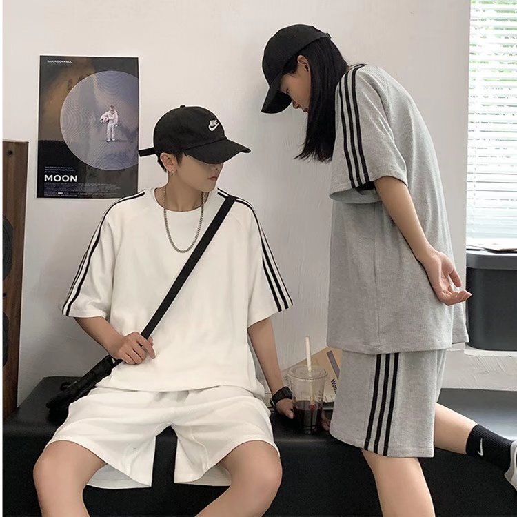 Summer Striped Short-sleeved T-shirt Men's Waffle Loose Sports Suit Korean-style Fashionable Matching Couple Suit