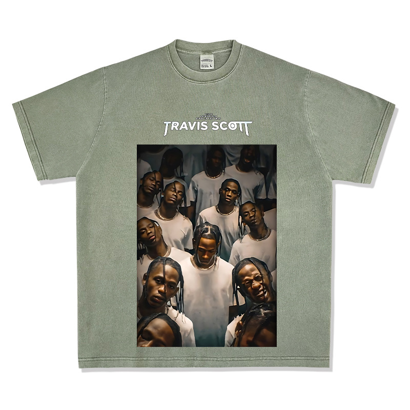 Bc Europa y América calle hip hop Travis Scott rap personaje impreso lavado apenado suelta manga corta Camiseta de los hombres