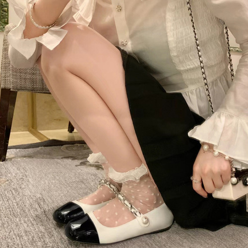 Japanese-style lace edge net fabric polka dot Mary Jane glass thread crystal Chanel-style JK short socks summer thin item