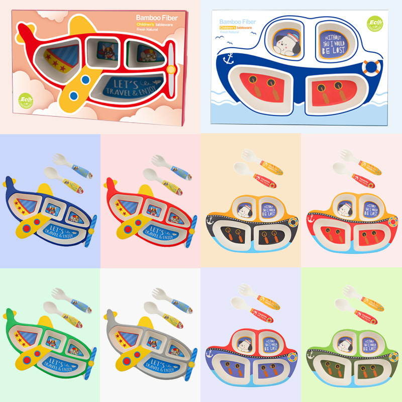 Creative Bamboo Fiber Children's Tableware Set Cartoon Airplane Divided Dinner Plate Fork Spoon Kindergarten Maternal and Infant Activity Gift