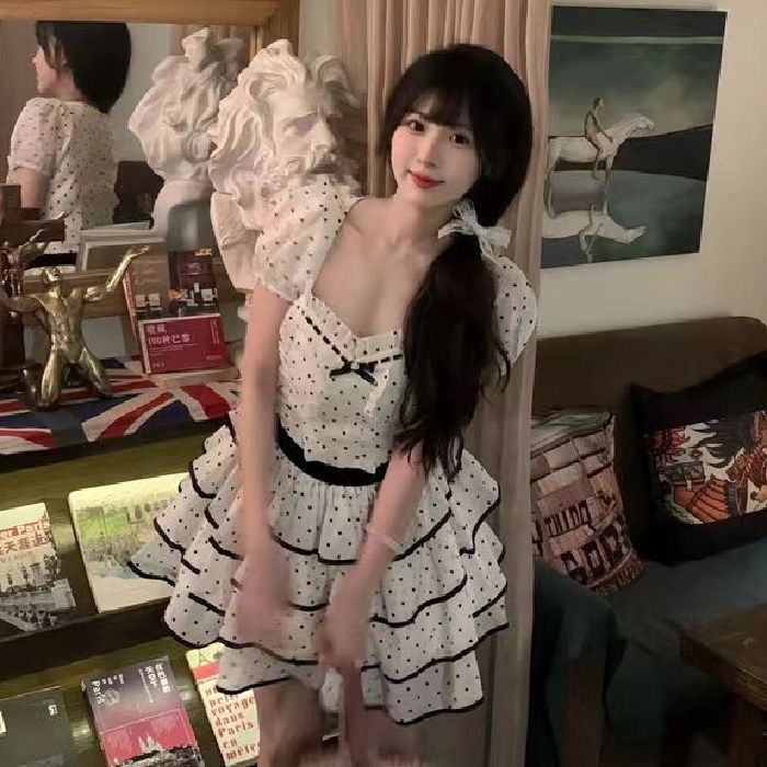 Polo Dot dress Gentle Sweet Cute Square Collar Polo Dot Design dress Women's Pure Desire Cake Skirt