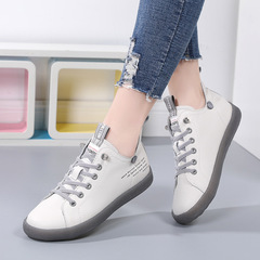 Women's 2021 Autumn/Winter New Leather Laced Flat Sports Sneakers Casual Ankle-White Shoes for Trendy Women