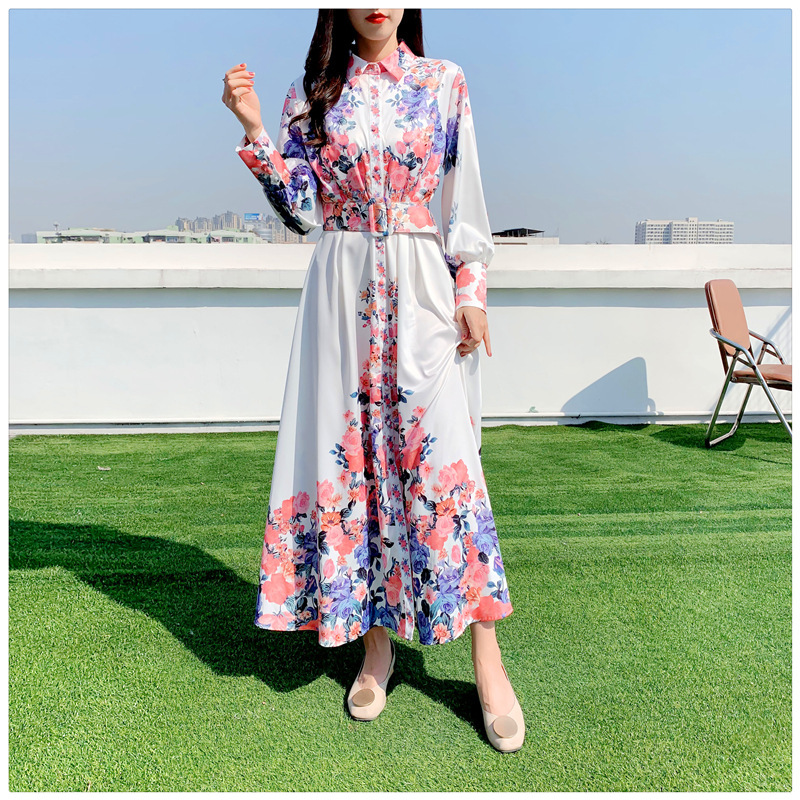 Palace Style Dress, Elegant Shirt Collar, Puff Sleeves, Retro Printed Long Skirt, Dress Skirt Palace Style Dress, Elegant Shirt Collar, Puff Sleeves, Retro Printed Long Skirt, Dress Skirt